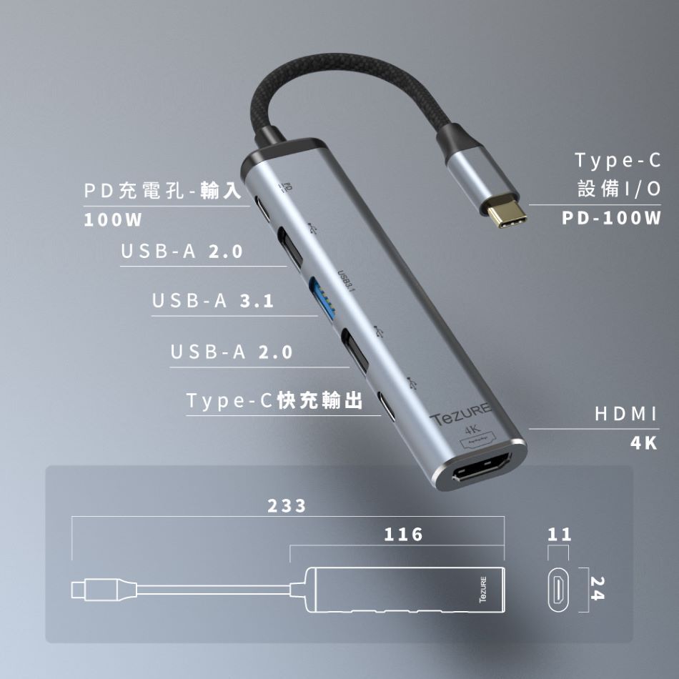 TeZURE Type-C Hub六合一多功能轉接器 轉4K HDMI/PD充電/USB3.1/USB2.0*2/Type-C輸出