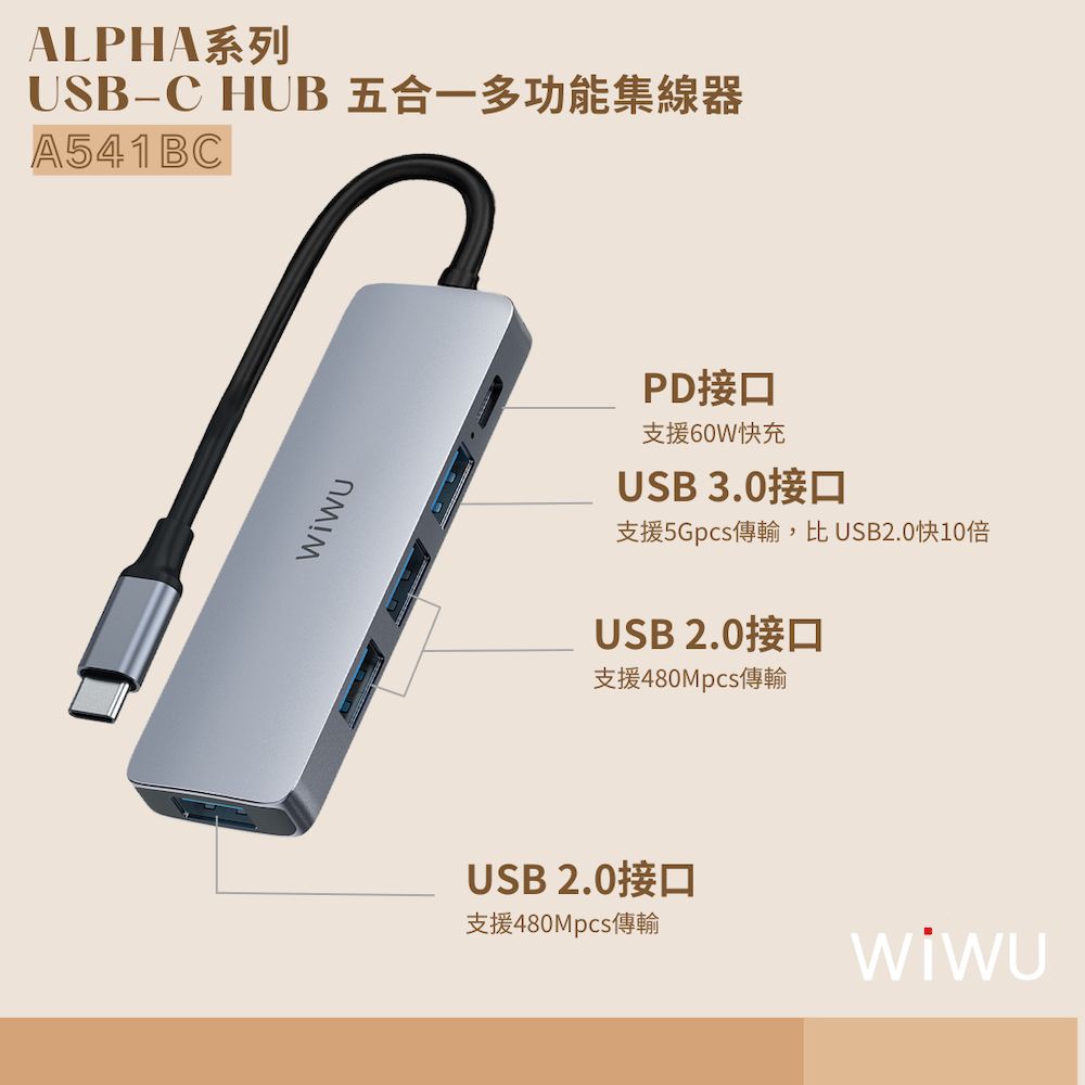 WiWU  Alpha系列 USB-C HUB 五合一多功能集線器