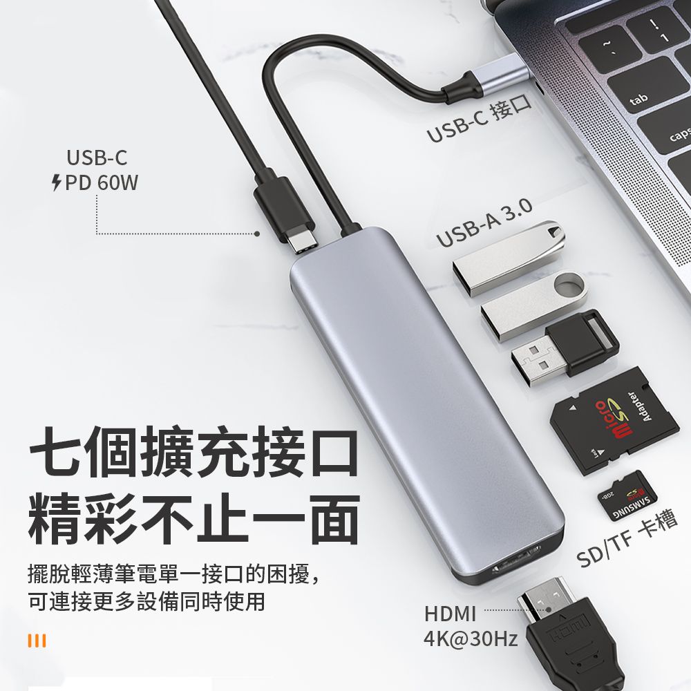 USB-CUSB-C 接口USB-A 3.0七個擴充接口精彩不止一面擺脫輕薄筆電單一接口的困擾,可連接更多設備同時使用HDMI4K@LSD/TF 卡槽Adaptertabi1