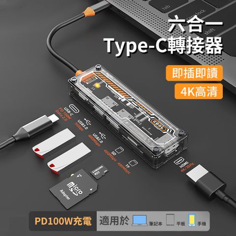 HADER Type-C 六合一 多功能透明HUB筆電轉接器 HDMI集線器 USB3.0 mac轉接頭 【4K高清 PD快充 USB3.0 全新透視設計】