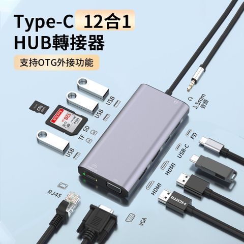 HADER 12合1 Type-C 多功能HUB筆電轉接器 HDMI USB3.0 RJ45集線器 Mac轉接頭 【HDMI+VGA高清同屏 千兆網卡】