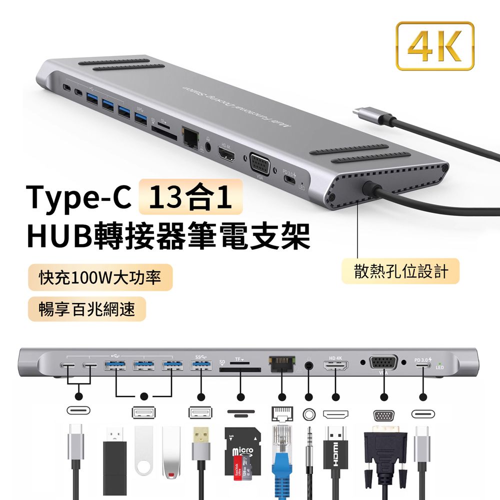 HADER 13合1 Type-C 多功能HUB轉接器筆電底座 HDMI USB3.0集線器  Mac轉接頭 (13孔位+底座)