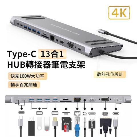 HADER 13合1 Type-C 多功能HUB轉接器筆電底座 HDMI USB3.0集線器 Mac轉接頭 【13孔位+底座】