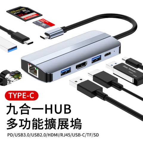 BASEE Type-C 九合一多功能PD快充HUB轉接器 HDMI集線器 RJ45網路線 mac/Surface筆電充電傳輸轉接頭【高效傳輸 廣泛兼容 即插即用】
