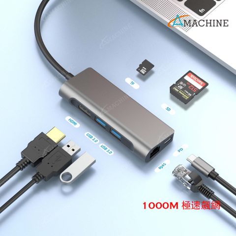 【Amachine】TYPE C極速PD 7合1 多功能HUB，筆電辦公首選! HDMI影像輸出，有線網路順暢不卡鈍!資料傳輸最快速