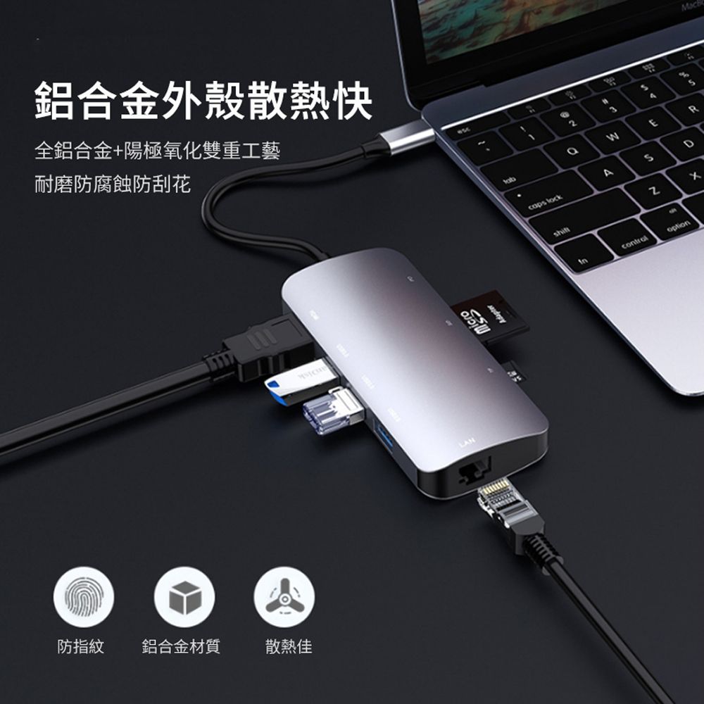HADER Type-C 八合一多功能HUB轉接器 USB3.0 千兆網口 HDMI集線器 Mac轉接頭