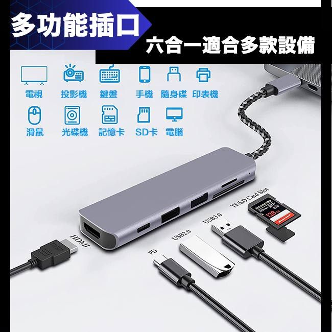 QGeeM  Type-C 6合1PD100W/USB/HDMI電腦擴充轉接器