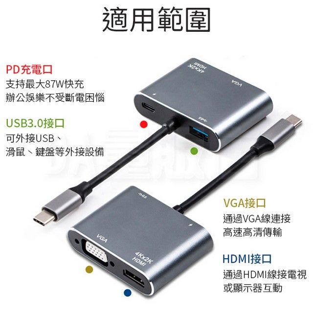  Type-C四合一轉接器 4K UHD HDMI VGA USB PD