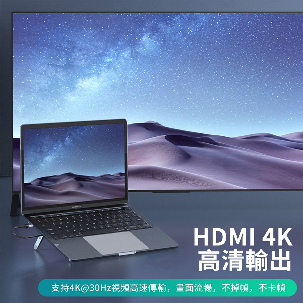 HADER 六合一 Type-C 多功能HUB轉接器筆電支架 PD100W HDMI轉接頭 筆電增高底座(5口+支架)