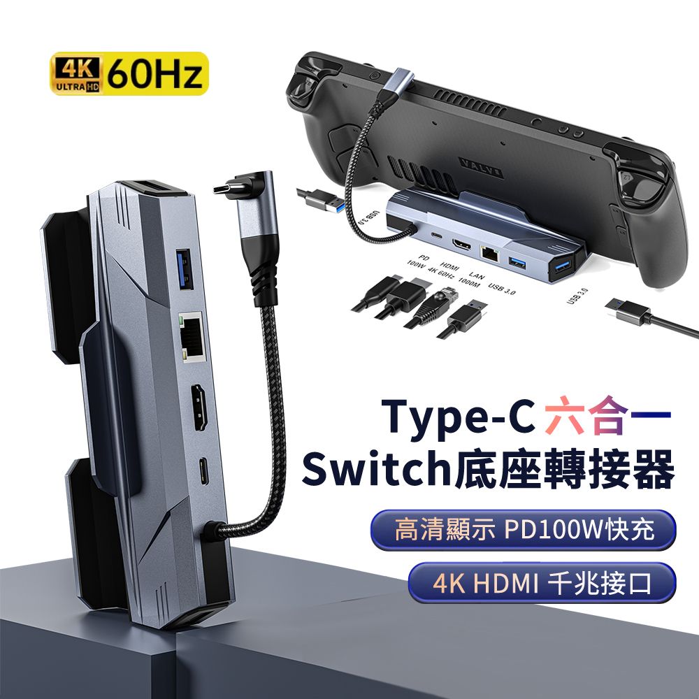 HADER 六合一 Type-C 多功能平板HUB轉接器 Switch轉HDTV轉接頭 平板支架 RJ45 PD充電底座