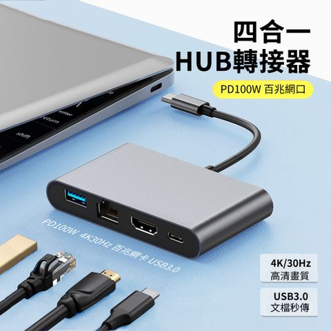 HADER 四合一 Type-C多功能HUB轉接器 PD100W 百兆網卡 USB集線器 HDMI轉接線