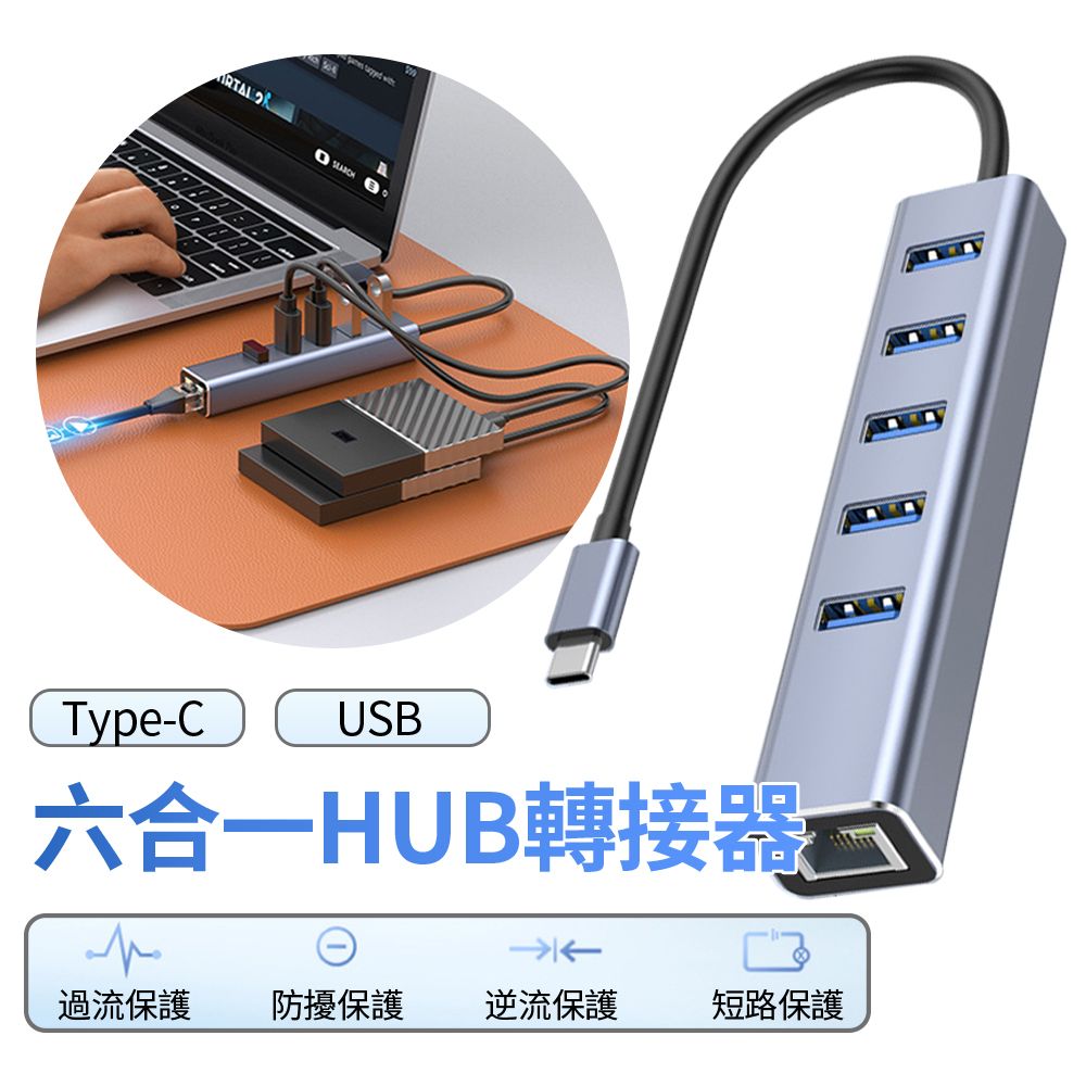  BASEE 6合1 USB3.0/Type-C千兆網卡HUB轉接器 鋁合金網線網口轉換器 USB轉接頭 轉接線集線器