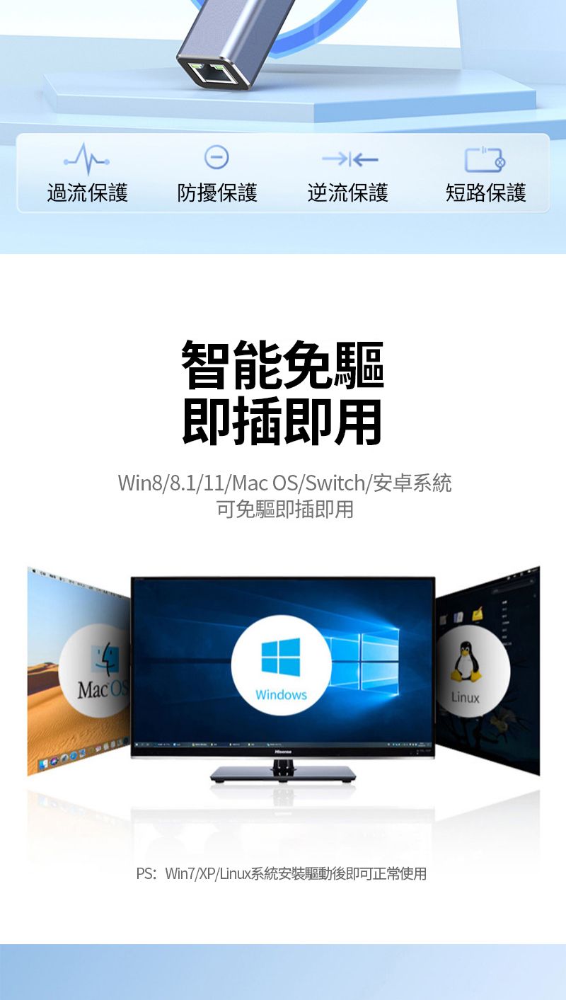 過流保護防擾保護逆流保護短路保護智能免驅即插即用Win8/8.1/11/Mac /Switch/安卓系統可免驅即插即用Mac OSWindowsPS:Win7/XP/Linux系統安裝驅動後即可正常使用Linux