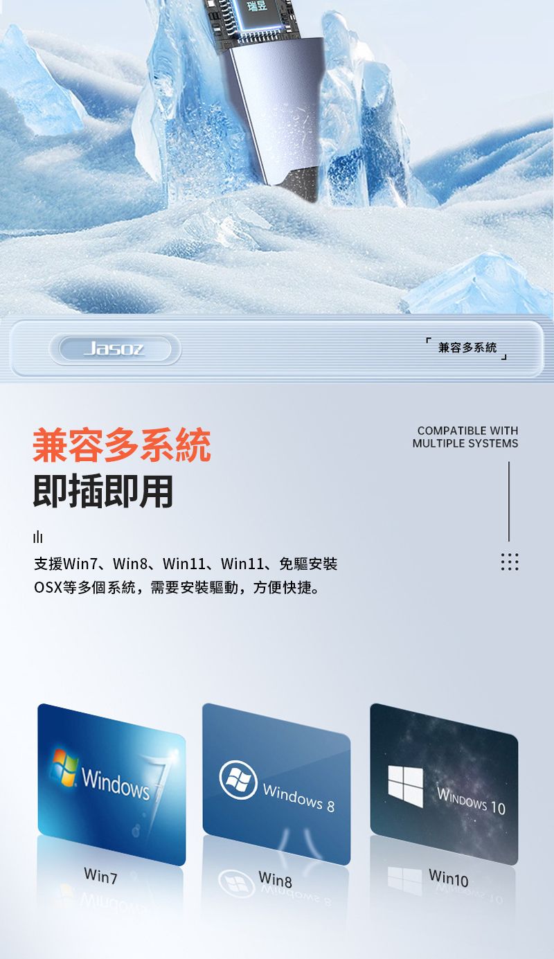 Jasoz瑞昱兼容多系統即插即用支援Win7、Win8、、Win11、免驅安裝OSX等多個系統,需要安裝驅動,方便快捷。Windows Windows 8Win7Win8兼容多系統COMPATIBLE WITHMULTIPLE SYSTEMSWINDOWS 10Win10