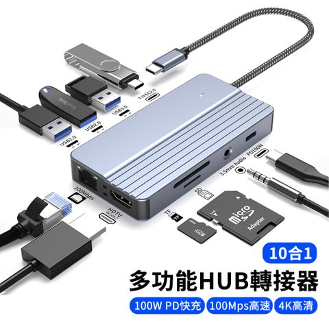 HADER 10合1 Type-C多功能HUB轉接器 PD100W 千兆網卡USB集線器 高清HDMI轉接線