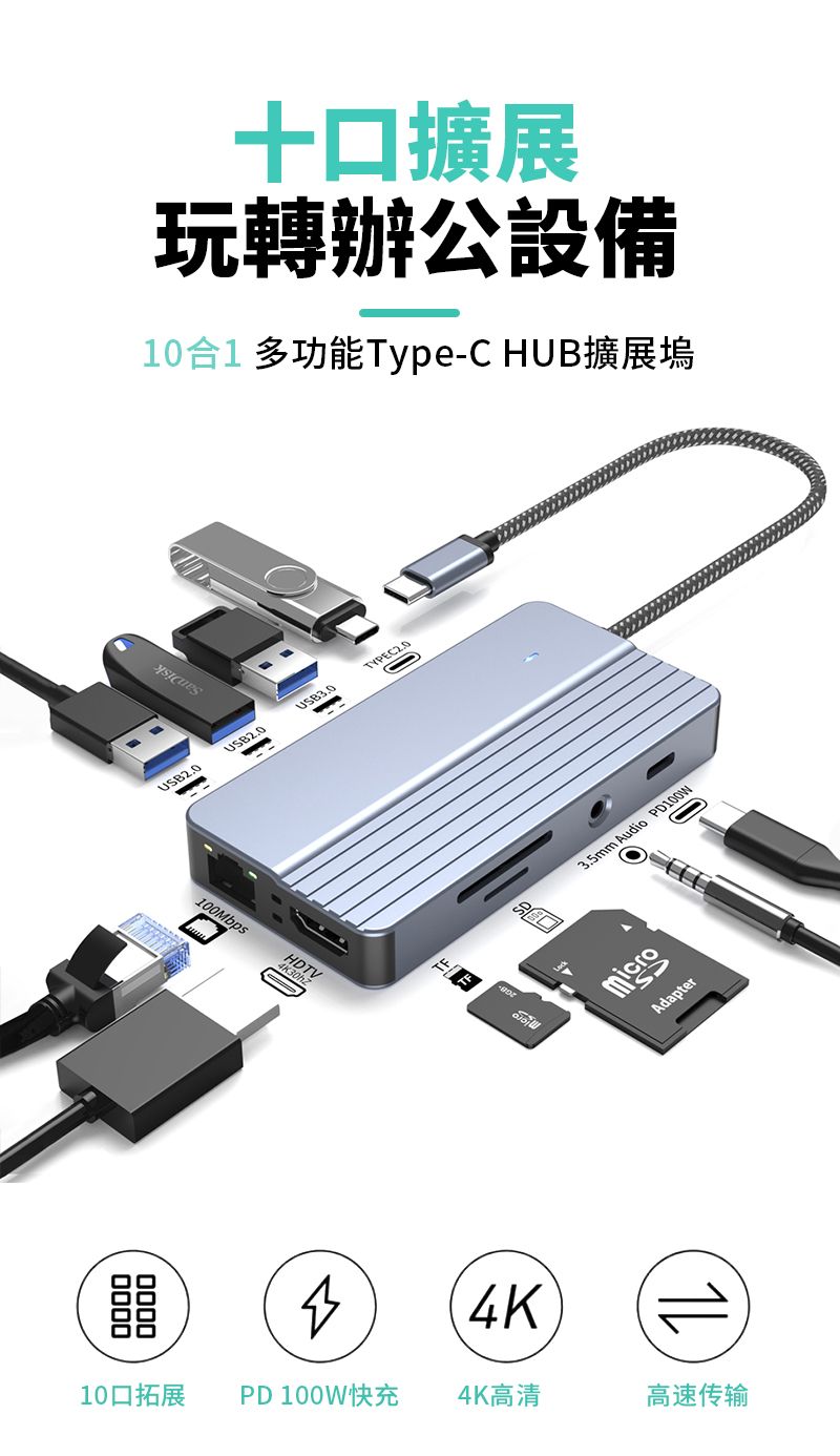 00000000十擴展玩轉辦公設備10合1 多功能Type-C HUB擴展塢USB2.0100MbpsUSB3.0TYPEC2.0-10口拓展PD 100W快充4K口3.5mm Audio PD100WAdapter4K高清高速传输