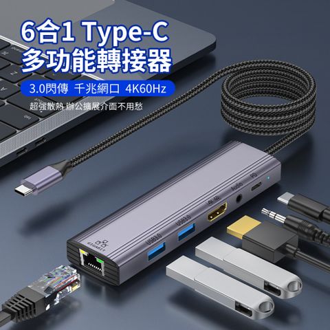 HADER 六合一 Type-C多功能HUB轉接器 PD100W RJ45千兆網路轉換器 HDMI轉接線 Mac筆電USB集線器