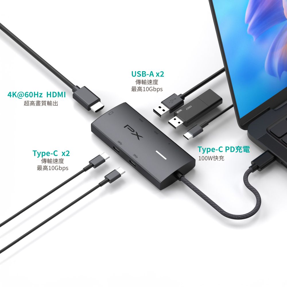 PX 大通 6合1高效能! HUB Type c 轉接頭/集線器 4K高畫質影音轉換器USB-A/USB-C 10G極速傳輸 (CX6-22)