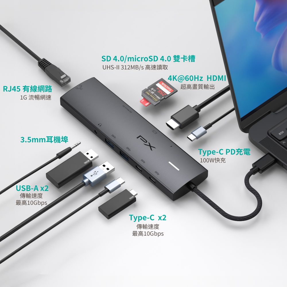PX 大通 10合1高效能! HUB Type c 轉接頭/集線器 4K高畫質影音轉換器USB-A/USB-C 10G極速傳輸 (CX10-22SRA)