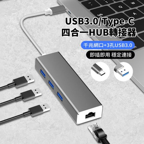 HADER 四合一 USB3.0/Type-C 轉RJ45千兆網絡+3孔USB HUB轉接器  外接網路轉接頭
