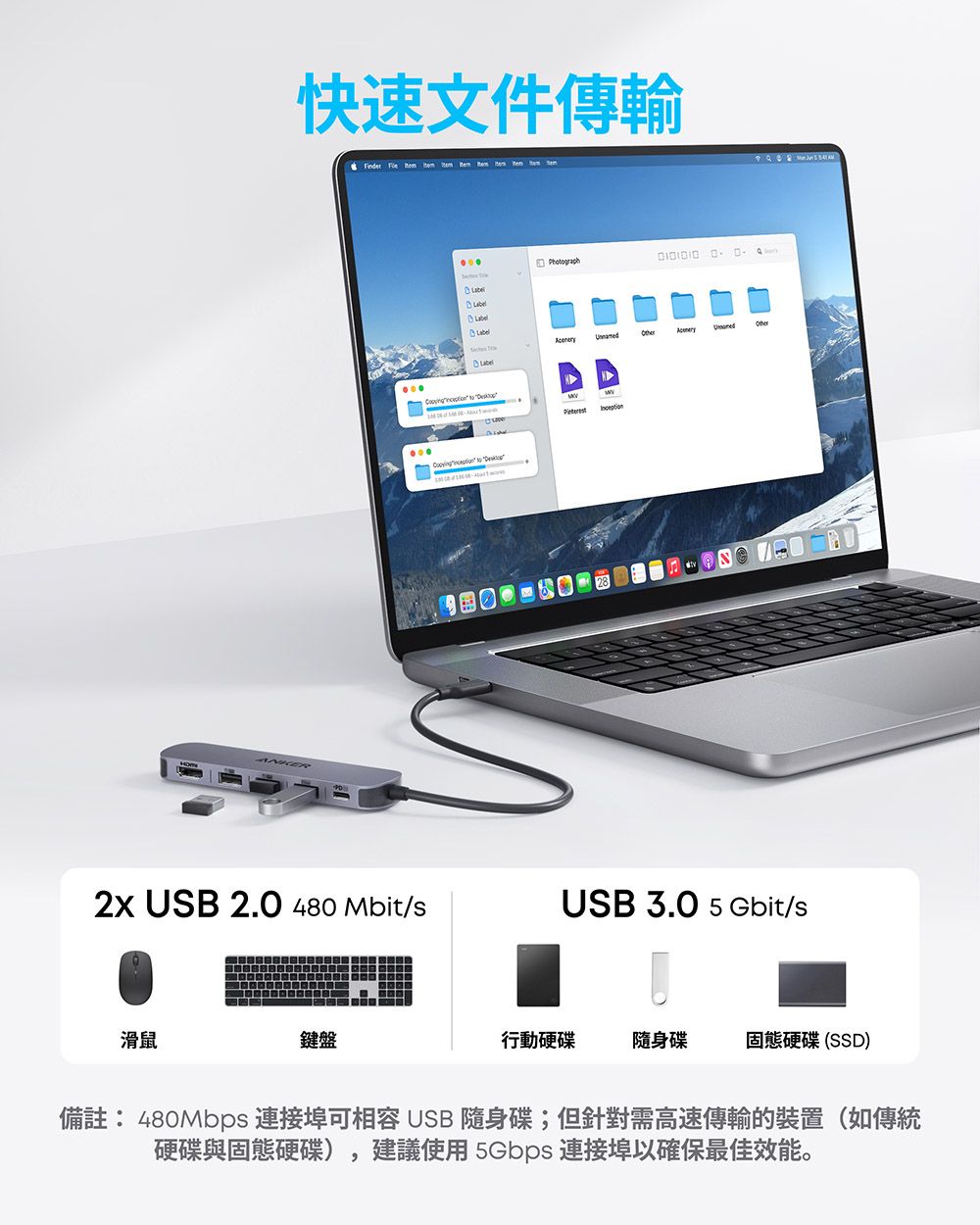 快速文件傳輸Phograph   Label  to Inception USB 2.0 480 Mbit/sUSB 3.0 5 Gbit/s滑鼠鍵盤行動硬碟隨身碟固態硬碟(SSD)備註:480Mbps 連接埠可相容 USB隨身碟;但針對需高速傳輸的裝置(如傳統硬碟與固態硬碟),建議使用5Gbps 連接埠以確保最佳效能。