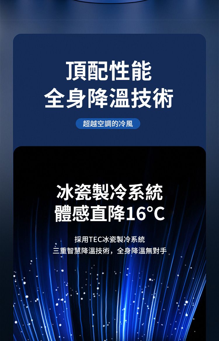 頂配性能全身降溫技術超越空調的冷風冰瓷製冷系統體感直降16採用TEC冰瓷製冷系統三重智慧降溫技術,全身降溫無對手