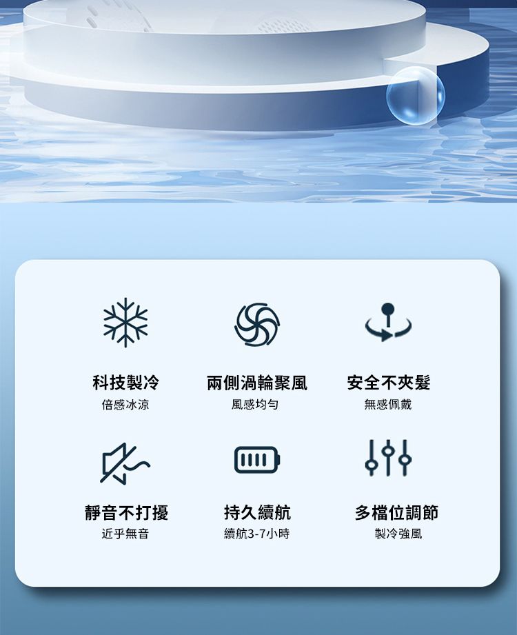 科技製冷兩側渦輪聚風安全不夾倍感冰涼風感無感佩戴靜音不打擾持久續航多檔位調節近乎無音續航3-7小時製冷強風