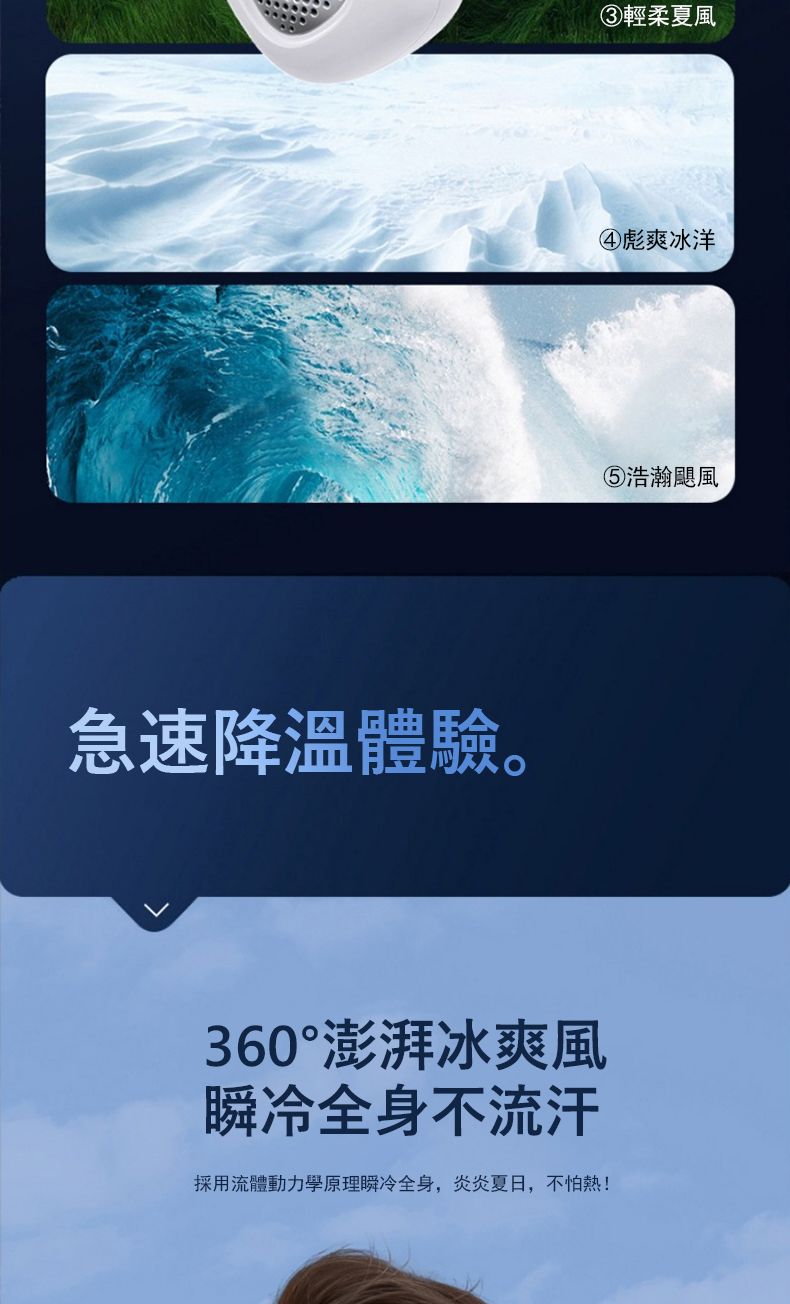 急速降溫體驗。360°澎湃冰爽風瞬冷全身不流汗採用流體動力學原理瞬冷全身,炎炎夏日,不怕熱!③輕柔夏風④彪爽冰洋⑤浩瀚颶風