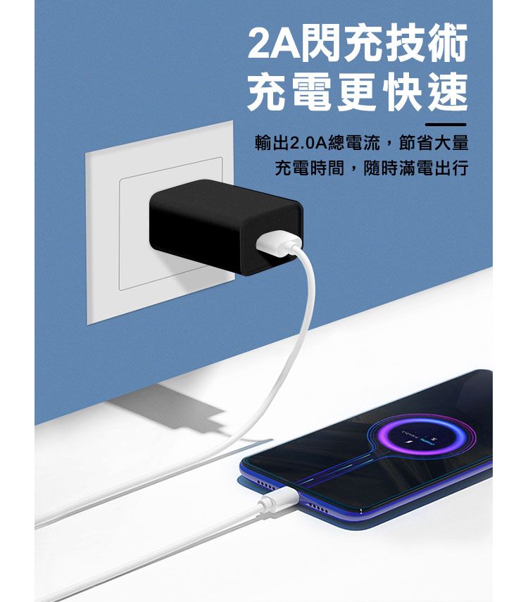 2A閃充技術充電更快速輸出2.0A總電流,節省大量充電時間,隨時滿電出行