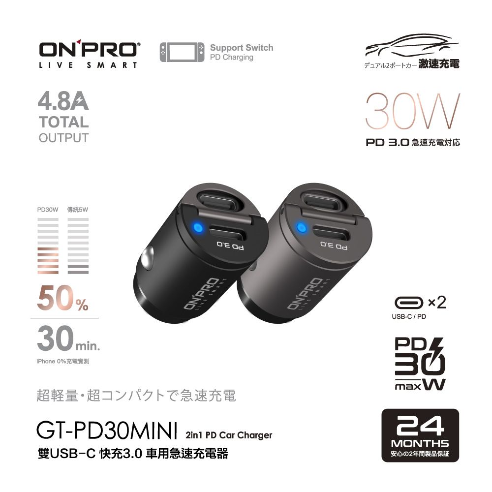 ONPRO GT-PD30MINI 30W 隱藏式雙Type-C車用PD快充充電器- PChome 24h購物
