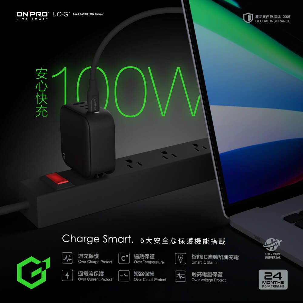 ON PRO UCG -1   100W ChargerLIVE SMART產品責任 美金100萬GLOBAL INSURANCE100WCharge Smart. 6G過充保護 過熱保護智能IC自動辨識充電100-240VUNIVERSALOver Charge ProtectOver Temperature4過電流保護短路保護Over Current ProtectOver Circuit ProtectSmart IC Built-in過高電壓保護Over Voltage Protect24MONTHS安心年間製品保證