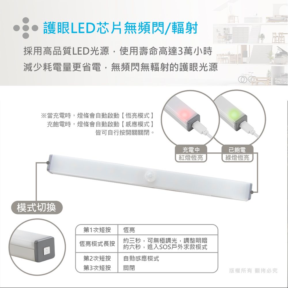 aibo 21cm升級版多功能 USB充電磁吸 LED感應燈管-冷白光