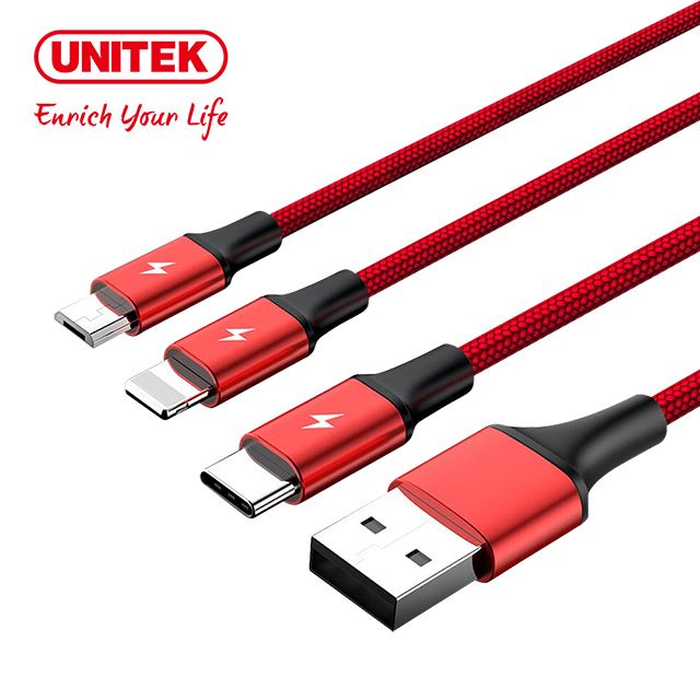 UNITEK 優越者   Lightning/ Micro USB/ Type-C 鋁合金三合一編織充電線1.2M(Y-C4049RD)