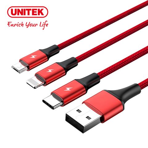 UNITEK Lightning/ Micro USB/ Type-C 鋁合金三合一編織充電線1.2M(Y-C4049RD)