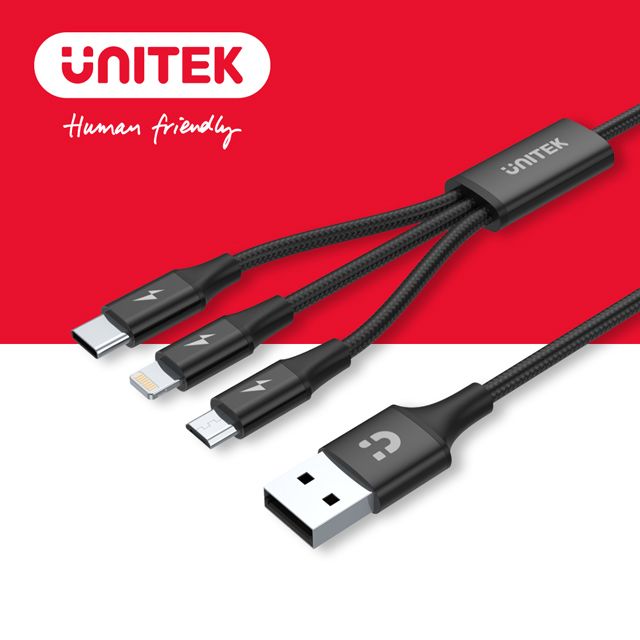 UNITEK 優越者   Lightning/ Micro USB/ Type-C 鋁合金三合一編織充電線1.2M(黑色) (Y-C14049BK)