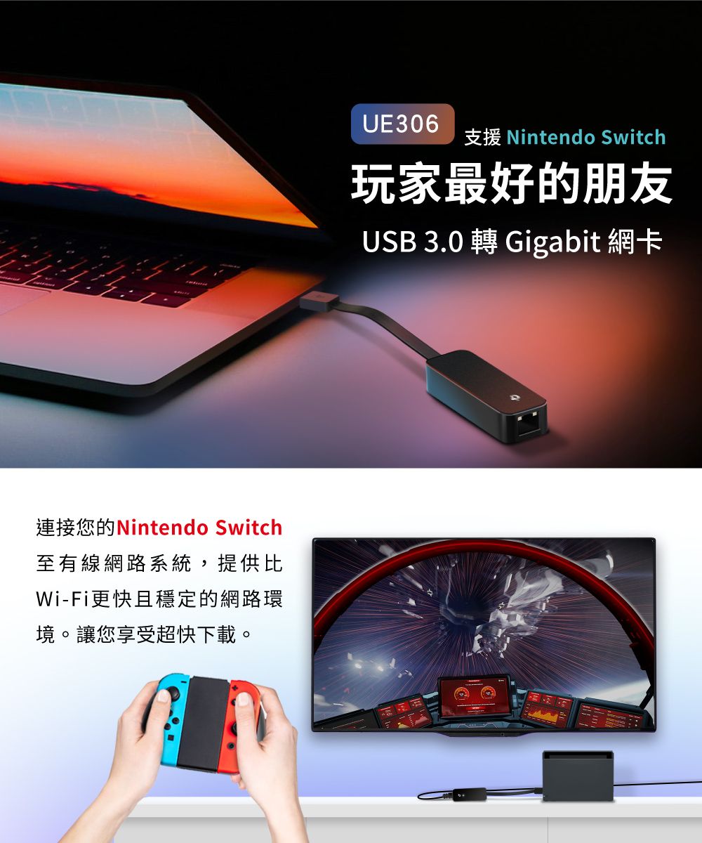 連接您的Nintendo Switch至有線網路系統,提供比Wi-Fi更快且穩定的網路環境。讓您享受超快下載。UE306支援 Nintendo Switch玩家最好的朋友USB 3.0 轉 Gigabit 網卡