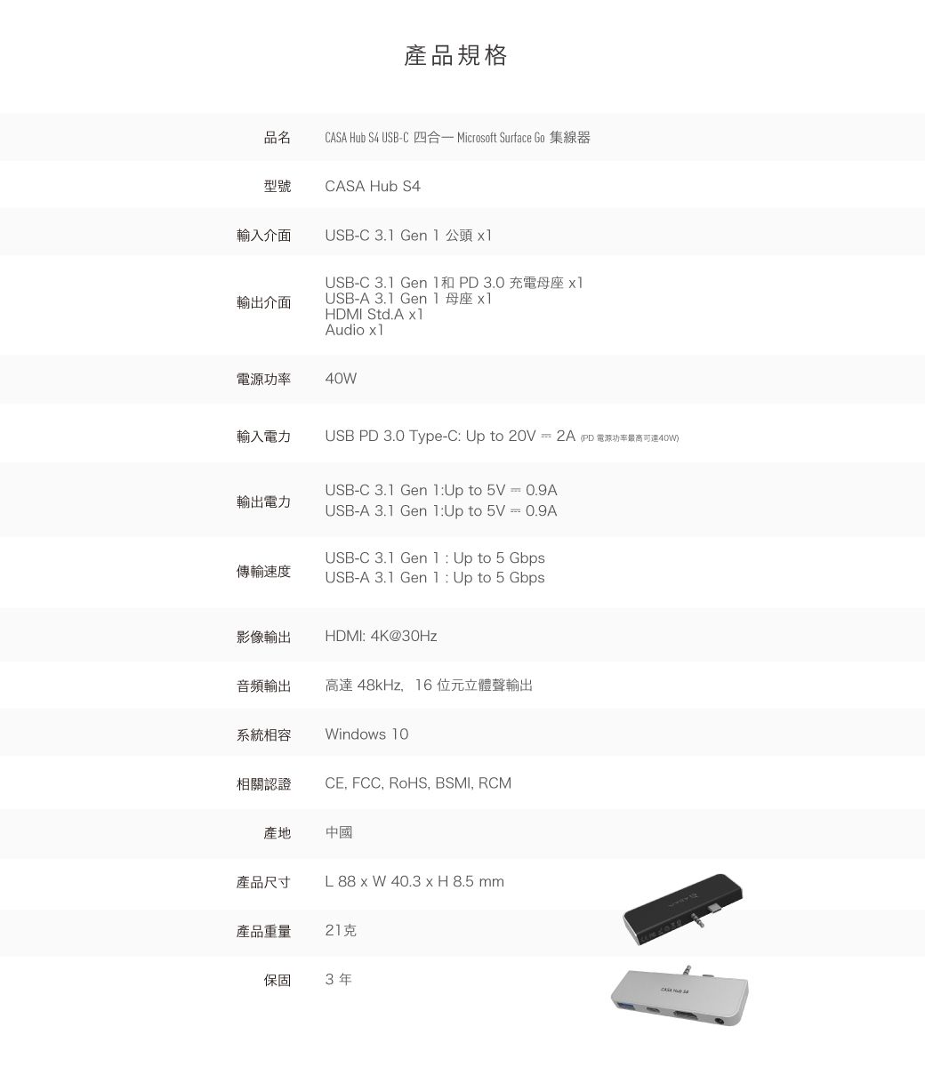 產品規格品名ASA Hub S4 USB-C 四合一 Microsoft Surface Go 集線器型號CASA Hub S4輸入介面USB-C 3. Gen  公頭 輸出介面USB-C 3. Gen 和PD 3.0 充電母座 USB-A 3. Gen  母座 HDMI Std.A x1Audio x1功率40W輸入電力輸出電力傳輸速度USB PD 3.0 Type-C Up to 20V ==2APD電源功率最高40W)USB-C 3.1 Gen 1Up to 5V = 0.9AUSB-A 3.1 Gen 1Up to 5V = 0.9AUSB-C 3.1 Gen 1 Up to 5 GbpsUSB-A 3.1 Gen 1: Up to 5 Gbps影像輸出HDMI: 4K@30Hz音頻輸出高達 48kHz16位元立體聲輸出系統相容Windows 10相關認證CE, FCC, RoHS, BSMI, RCM產地中國產品尺寸L 88 x W 40.3 x H 8.5 mm產品重量21克保固3年
