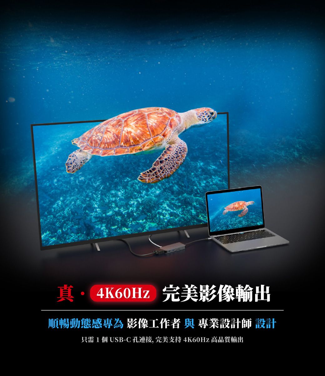 真·4K60Hz 完美影像輸出順暢動態感專為影像工作者與專業設計師設計只需 1 個 USB-C孔,完美支持4K60Hz 高品質輸出