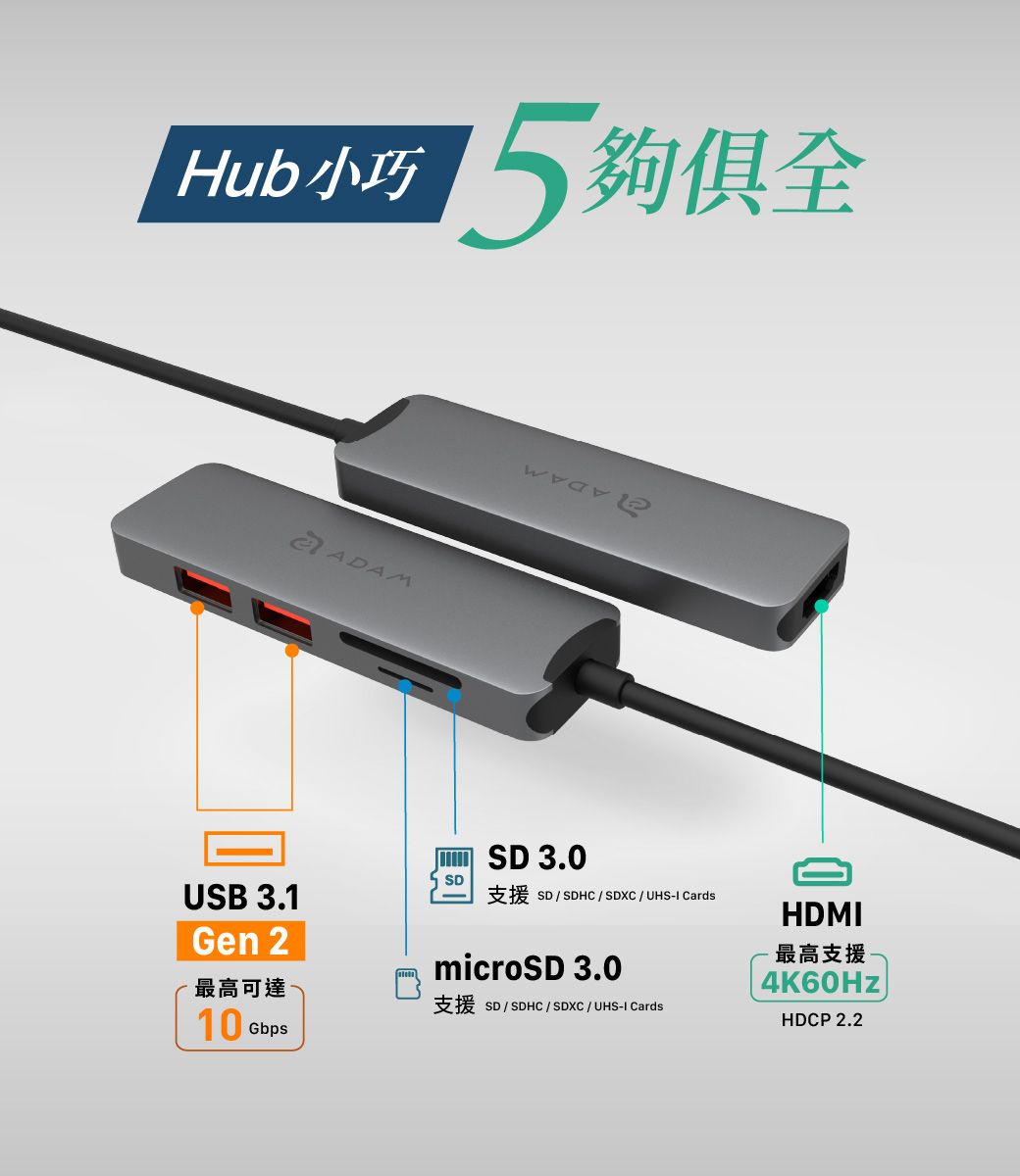 Hub   ADAMUSB 3.1Gen 2最高可達10 Gbps 3.0SDSDHCSDXC  UHS- microSD 3.0SDSDHC/SDXC / UHS- CardsHDMI最高支援4K60HZHDCP 2.2