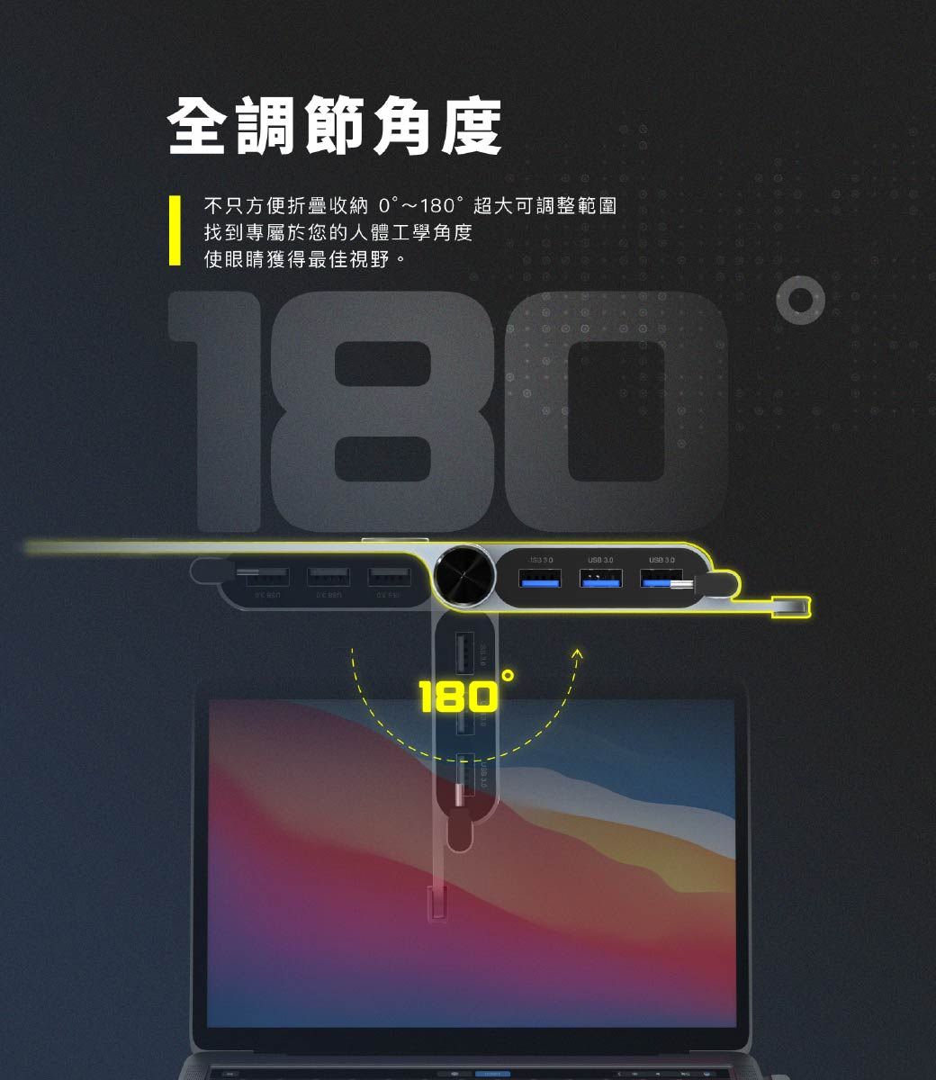 全調節角度不只方便折疊收納 0~180°超大可調整範圍找到專屬於您的人體工學角度使眼睛獲得最佳視野。180°180