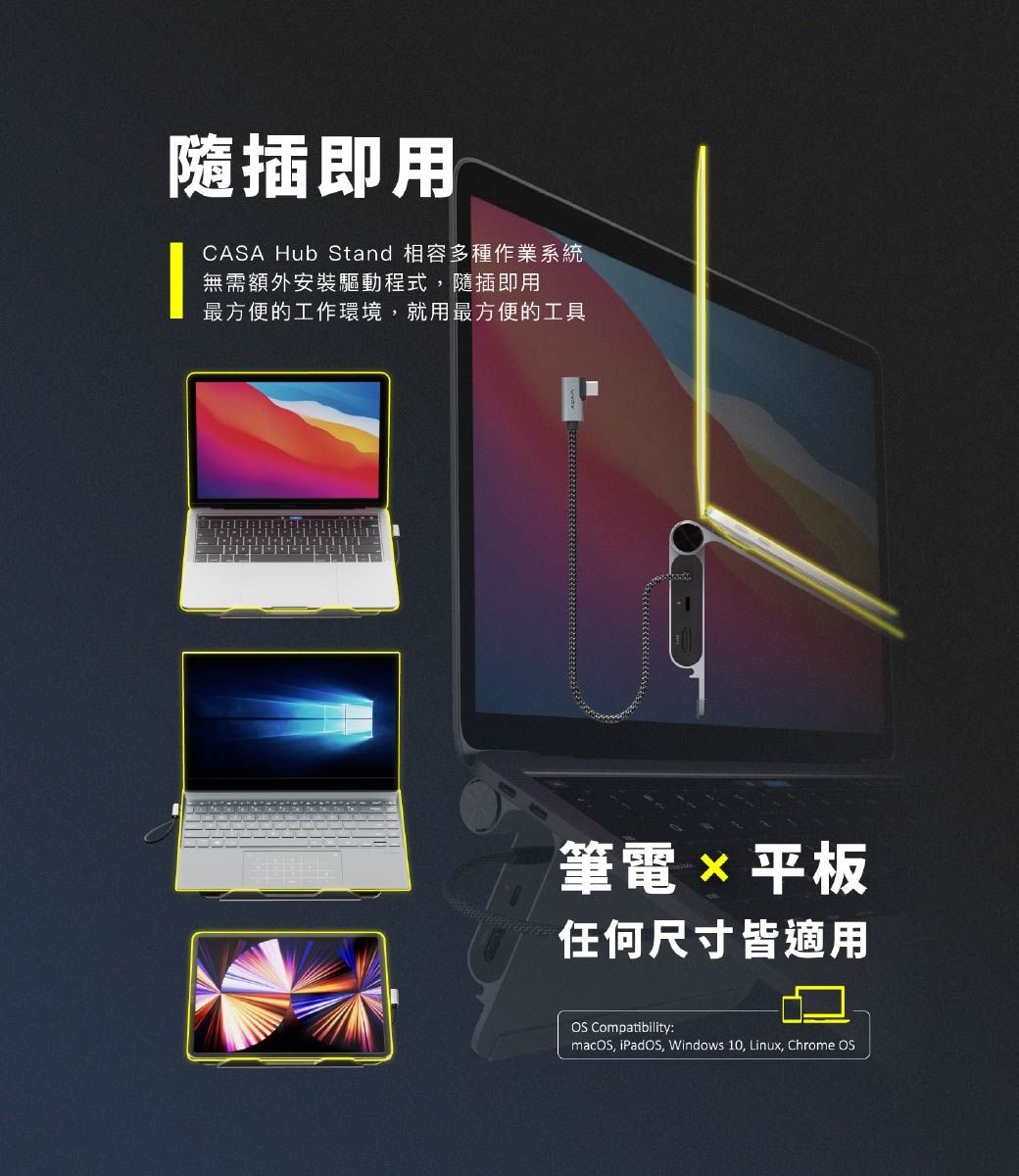隨插即用CASA Hub Stand 相容多種作業系統無需額外安裝驅動程式,隨插即用最方便的工作環境,就用最方便的工具筆電平板任何尺寸皆適用OS Compatibility:macOS, iPadOS, Windows 10, Linux, Chrome OS