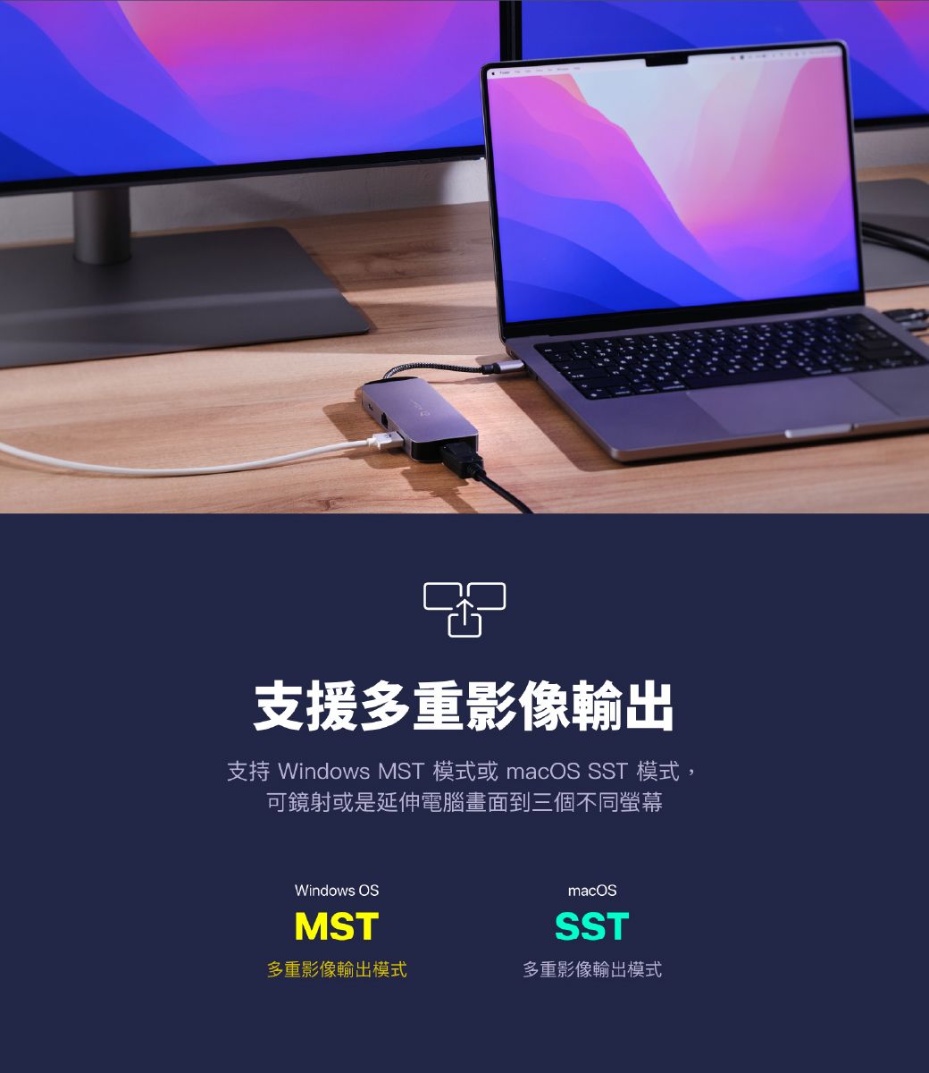 支援多重影像輸出支持 Windows MST 模式或 macOS SST 模式,可鏡射或是延伸電腦畫面到三個不同螢幕Windows OSMSTmacOSSST多重影像輸出模式多重影像輸出模式