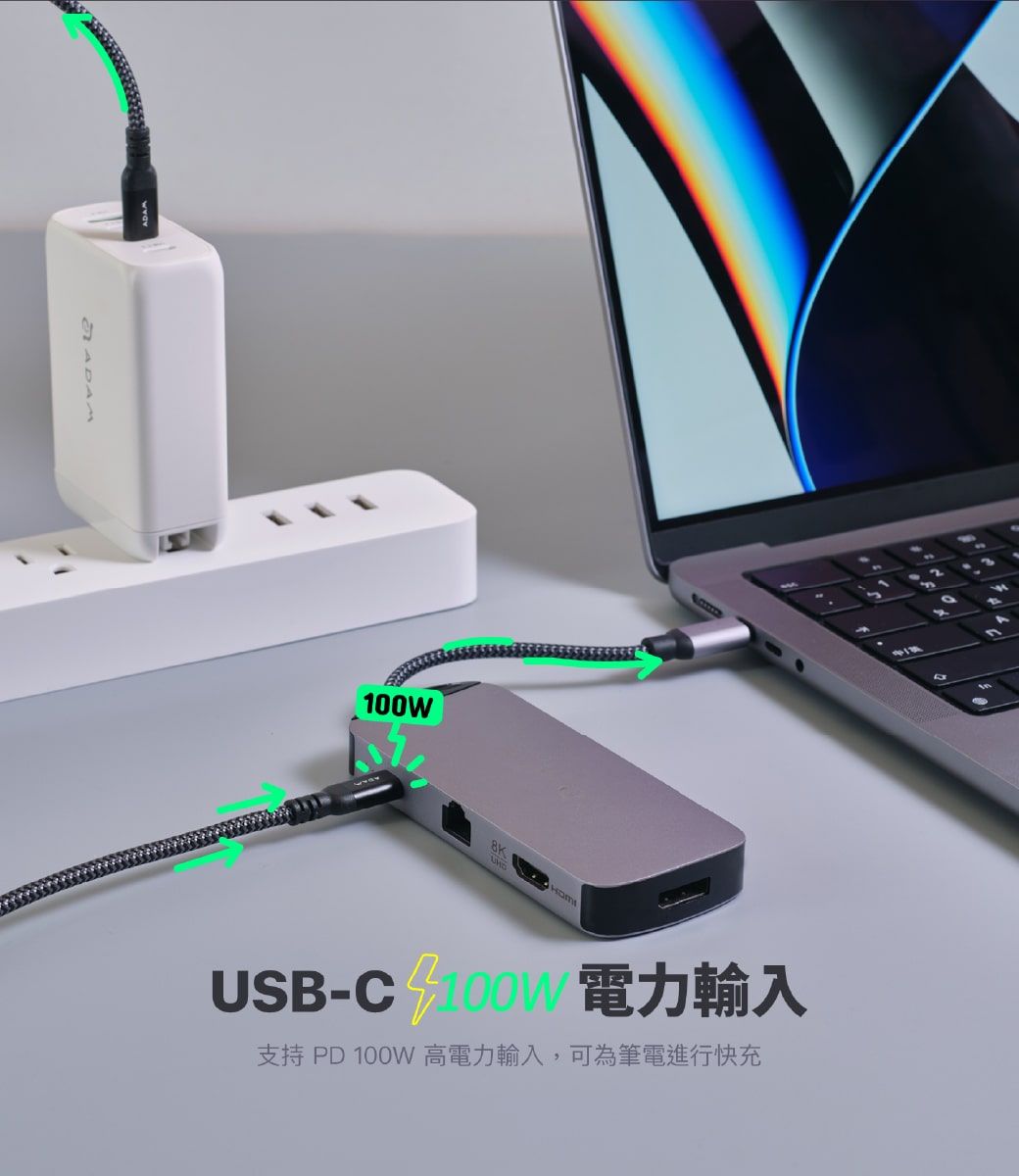 100WمنUSB-  支持 PD 100W 高電力輸入,可為筆電進行快充