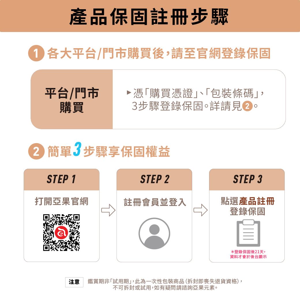 產品保固註冊步驟各大平台/門市購買後請至官網登錄保固平台/門市 憑購買憑證「包裝條碼,購買3步驟登錄保固。詳請見。 簡單3步驟享保固權益STEP 1STEP 2STEP 3打開亞果官網註冊會員並登入點選產品註冊登錄保固*登錄保固後21天,資料才會於後台顯示注意 鑑賞期非「試用期」,此為一次性包裝商品(拆封即喪失退貨資格),不可拆封或試用,如有疑問請諮詢亞果元素。