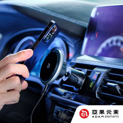 ★iPhone 15 完全支援★【亞果元素】OMNIA CX2質感金屬炫光藍車用磁吸充電器 黑