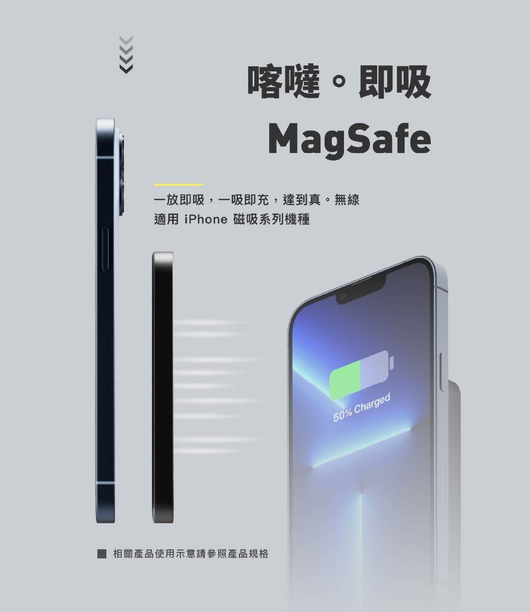 喀噠。即吸MagSafe一放即吸,一吸即充,達到真。無線適用 iPhone 磁吸系列機種相關產品使用示意請參照產品規格50% Charged