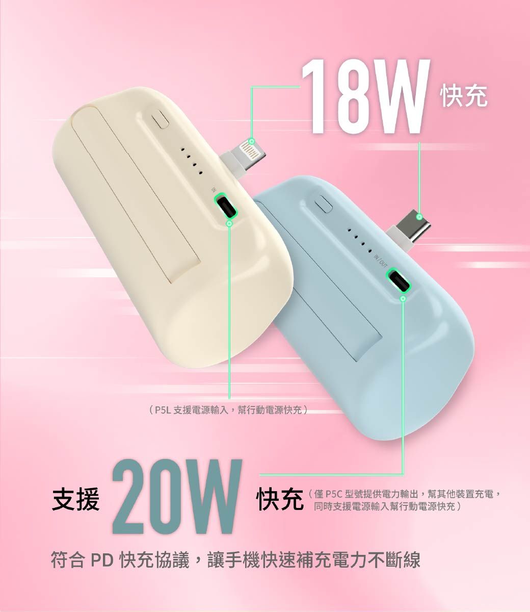 18W快充(P5L支援電源輸入,幫行動電源快充)/OUT 快充(僅PC型號提供電力輸出,幫其他裝置充電,同時支援電源輸入幫行動電源快充 )符合PD快充協議,讓手機快速補充電力不斷線