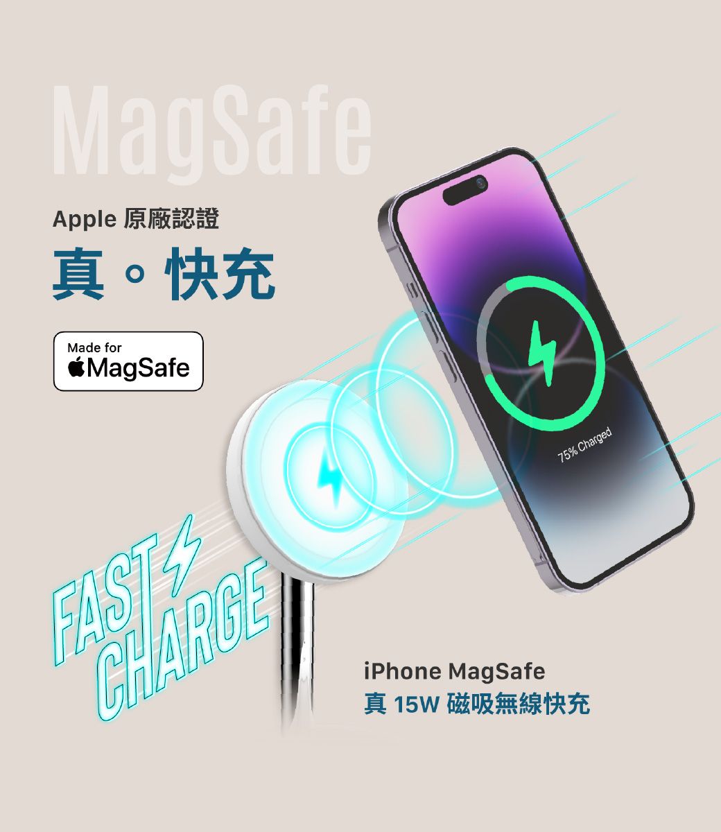 Apple 原廠認證真。快充Made forMagSafeFASTiPhone MagSafe真15W 磁吸無線快充475 Charged
