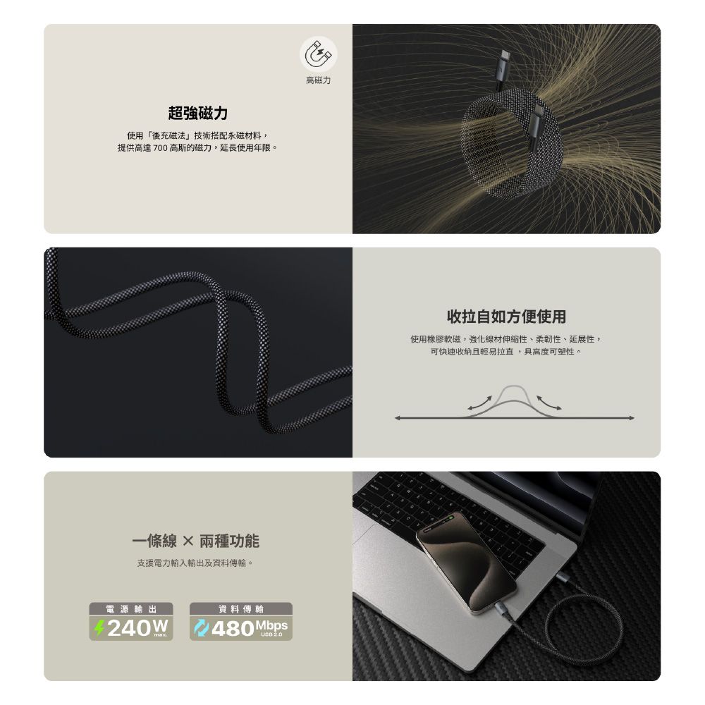 磁力使用「後充磁法技術搭配永磁材料,提供高達700高斯的磁力,延長使用年限。一條  兩種功能支援電力輸入輸出及資料傳輸。電源輸出資料傳輸240W480Mbps 高磁力收拉自如方便使用使用橡膠軟磁,強化線材伸縮性、柔韌性、延展性,可快速收納輕易拉直,具高度可塑性。