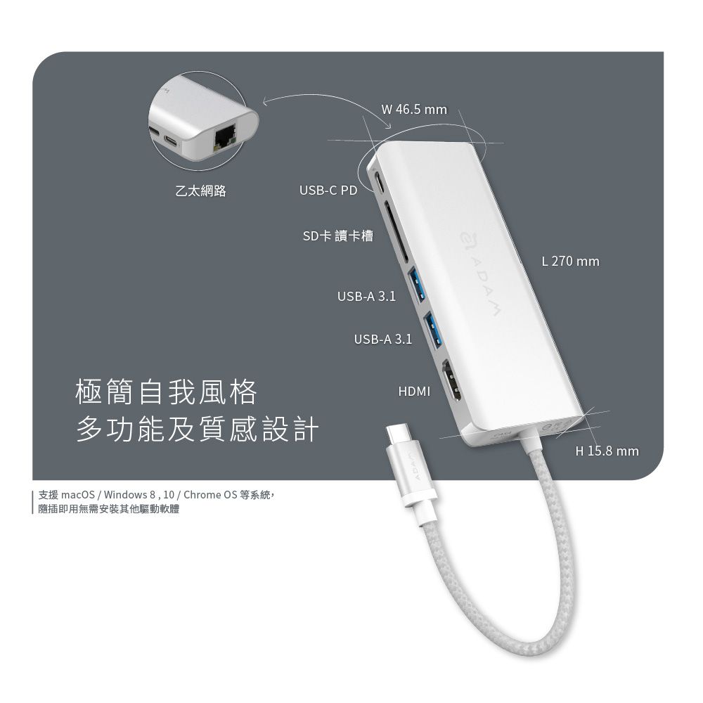 乙太網路USB-C PDSD卡讀卡槽W 46.5 USB-A 3.1USB-A 3.1極簡自我風格HDMI多功能及質感設計支援 macOS / Windows 8,10/ Chrome OS 等系統,隨插即用無需安裝其他驅動軟體ADAML270 H 15.8 mm
